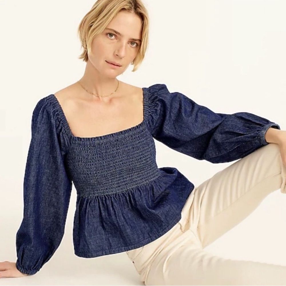 NWT J. Crew Puff-Sleeve Chambray Smocked Top denim blue size small